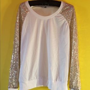 xTaren  Gold Sequin Long Sleeve Cream T-shirt  SZL